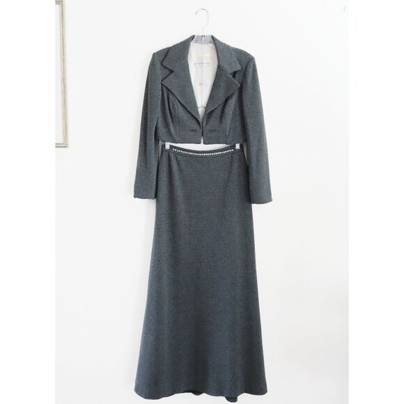 Vtg 70s Estevez Saks Fifth Grey Knit Short Bolero Jacket Maxi Skirt Suit Set 2 S - Picture 1 of 12